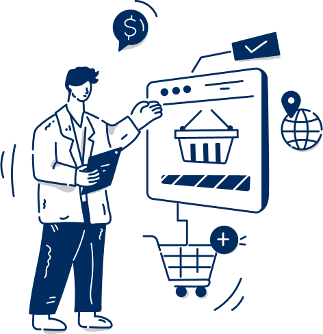 Illustration of an online store owner managing products and a shopping cart