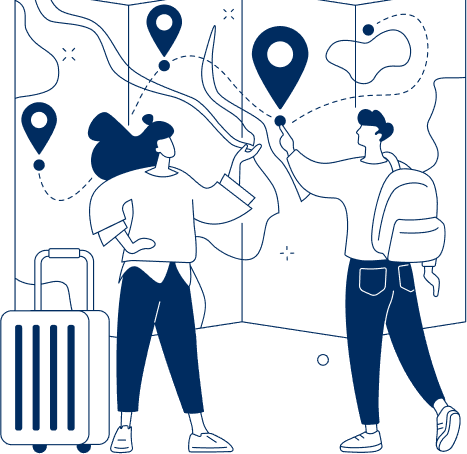 Illustration of travellers with luggage planning a trip on a map