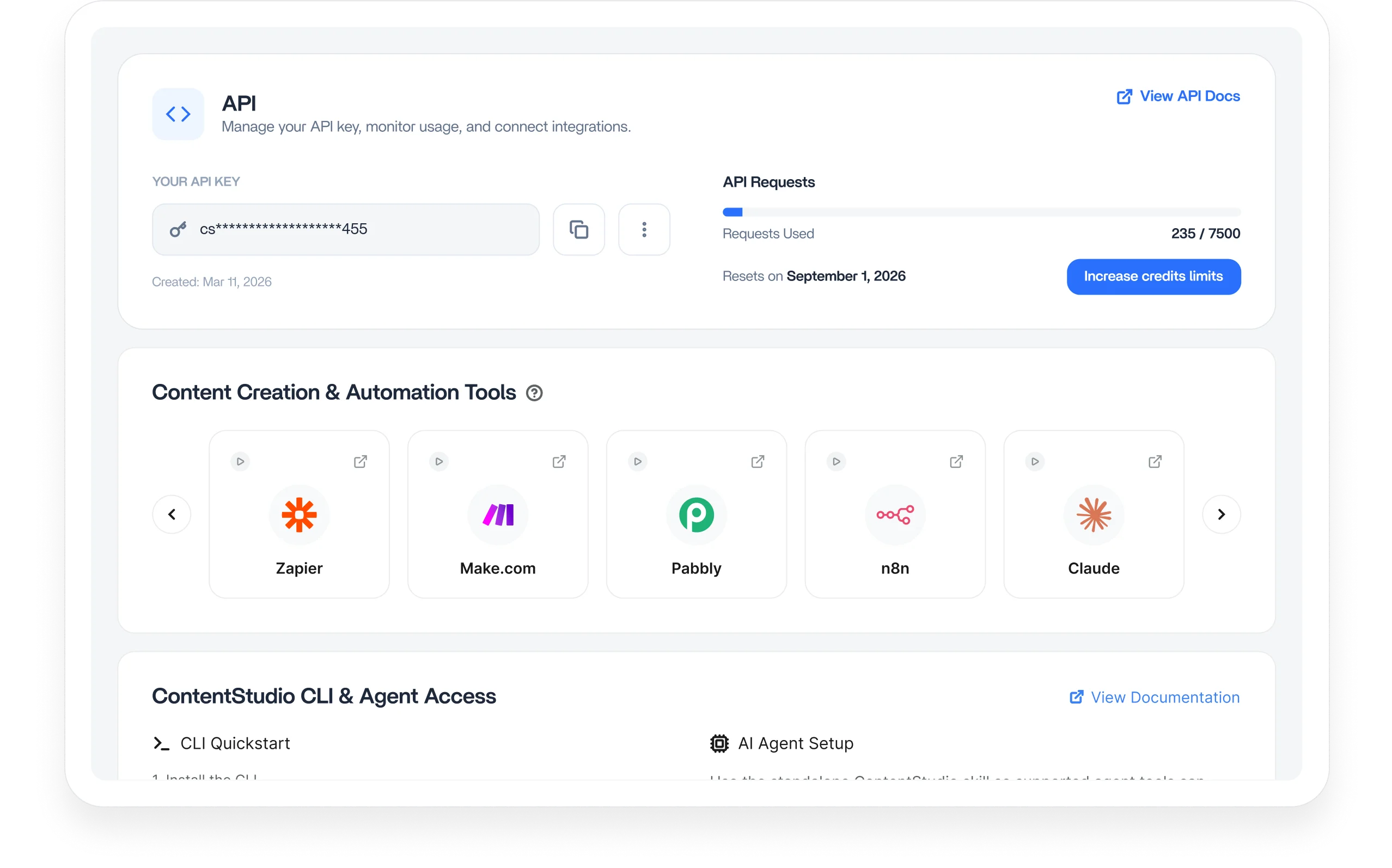 ContentStudio MCP server dashboard for AI-powered social media automation
