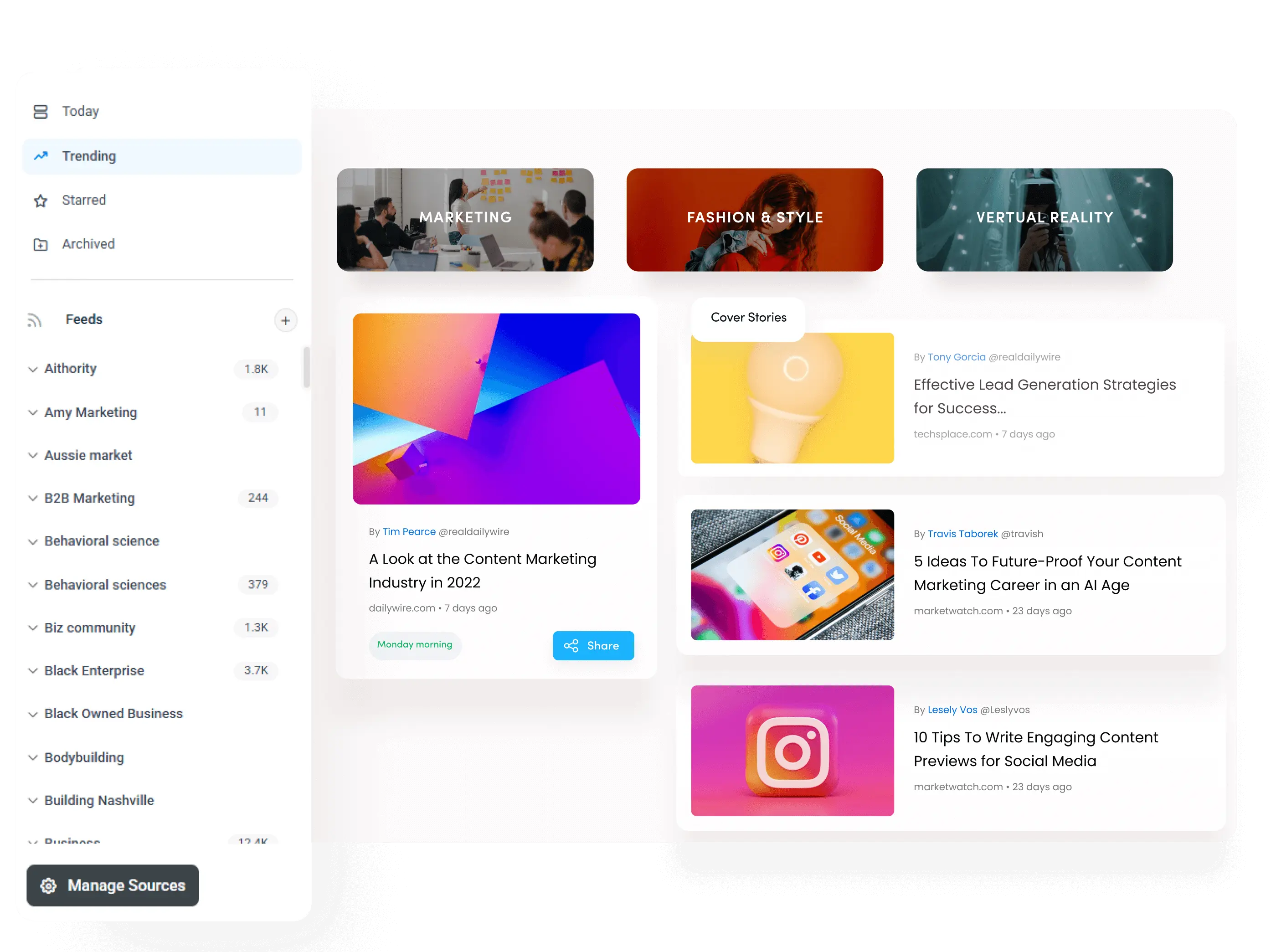 Never miss top content with auto-feeds and easy sharing feature