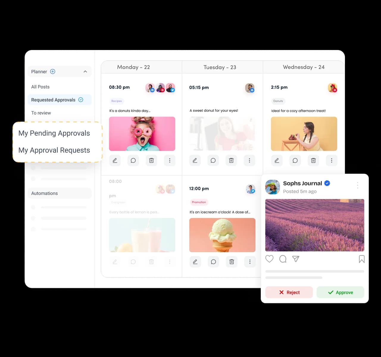 Content approvals managed directly inside the social media calendar
