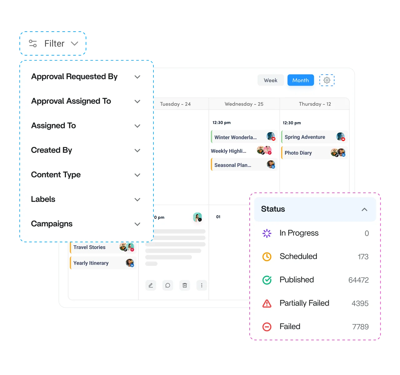 Advanced filters inside the social media content calendar
