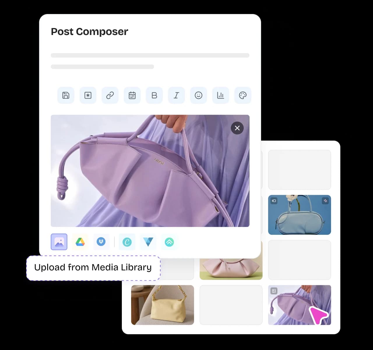 Add content library assets directly into the post composer