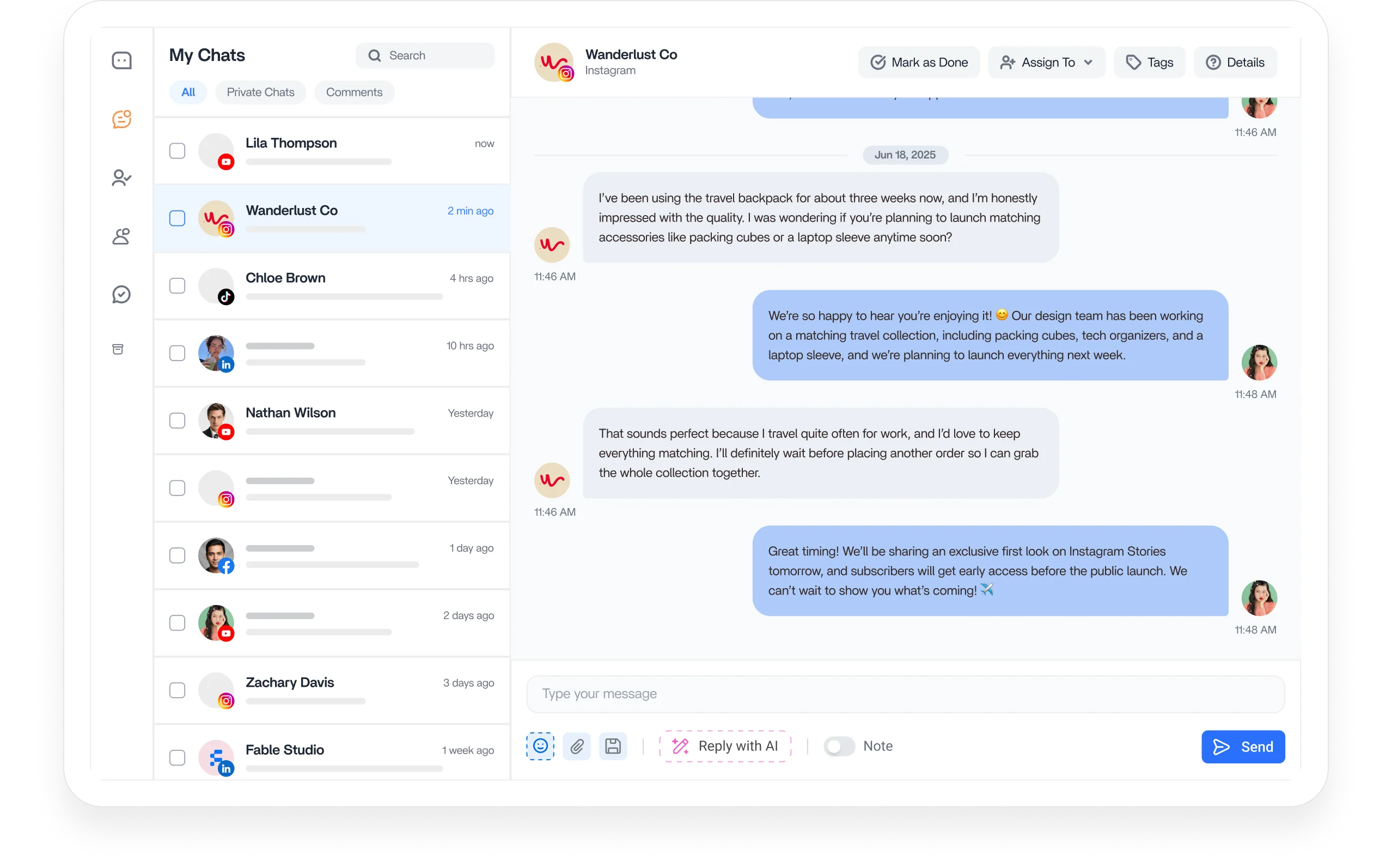 Social inbox workspace preview