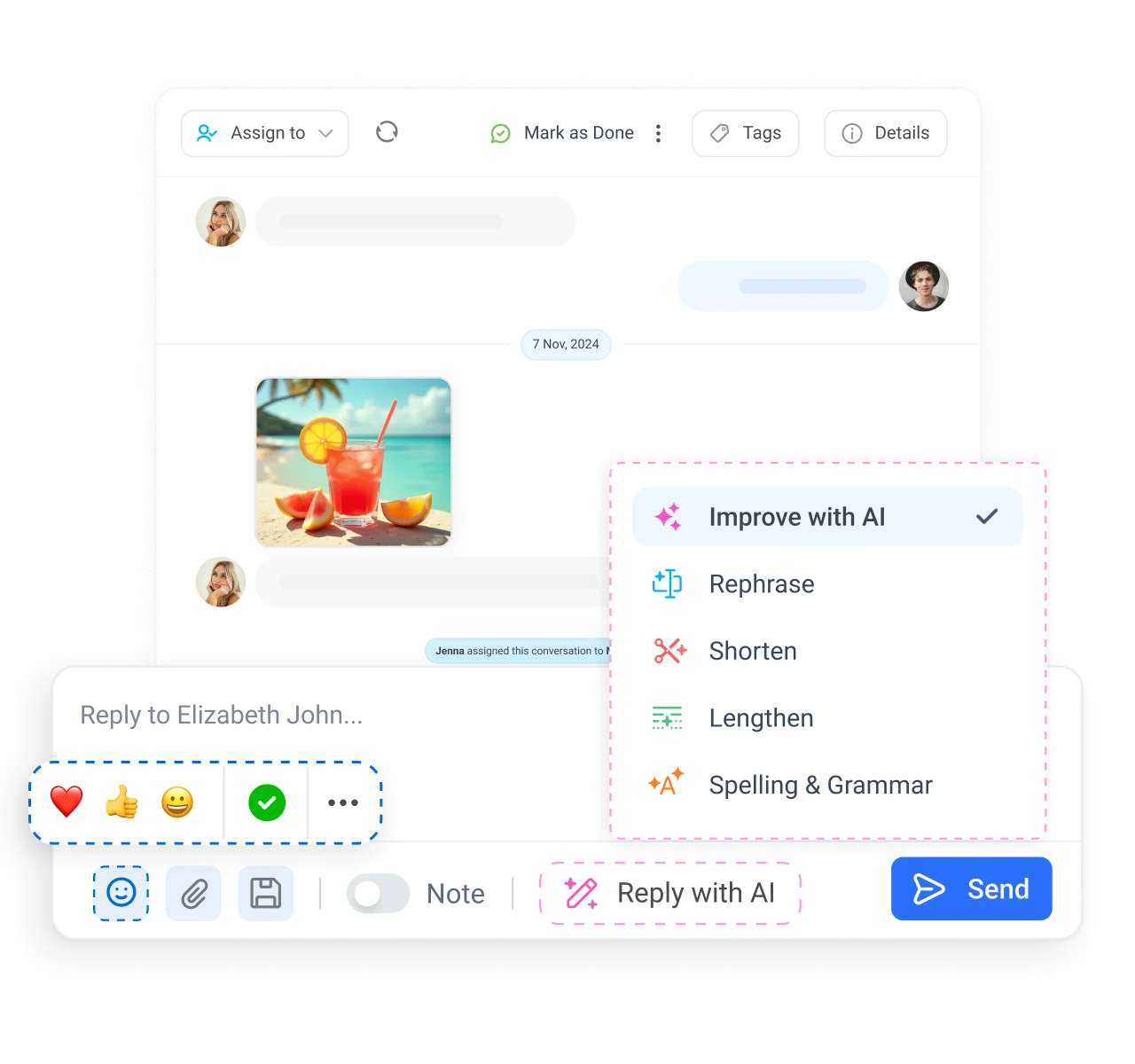 Inbox tools for replies, customer context, and tags