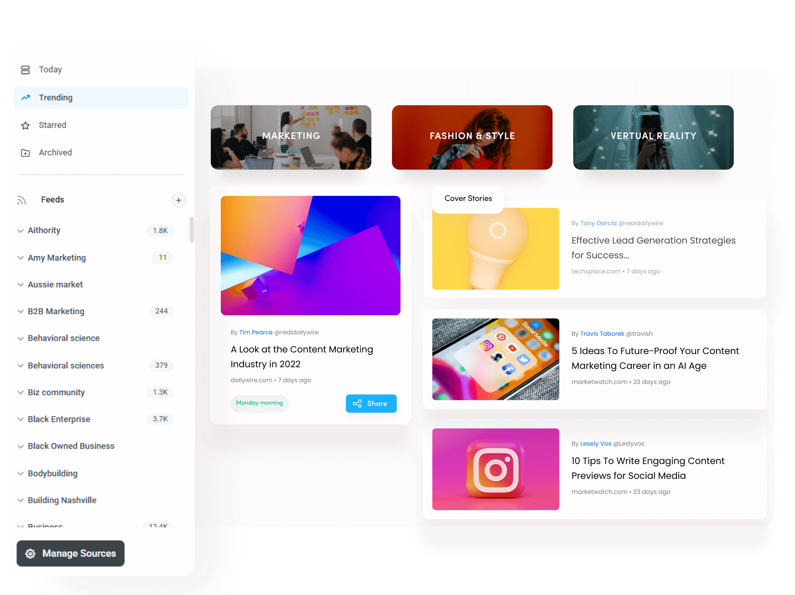 Never miss top content with auto-feeds and easy sharing feature