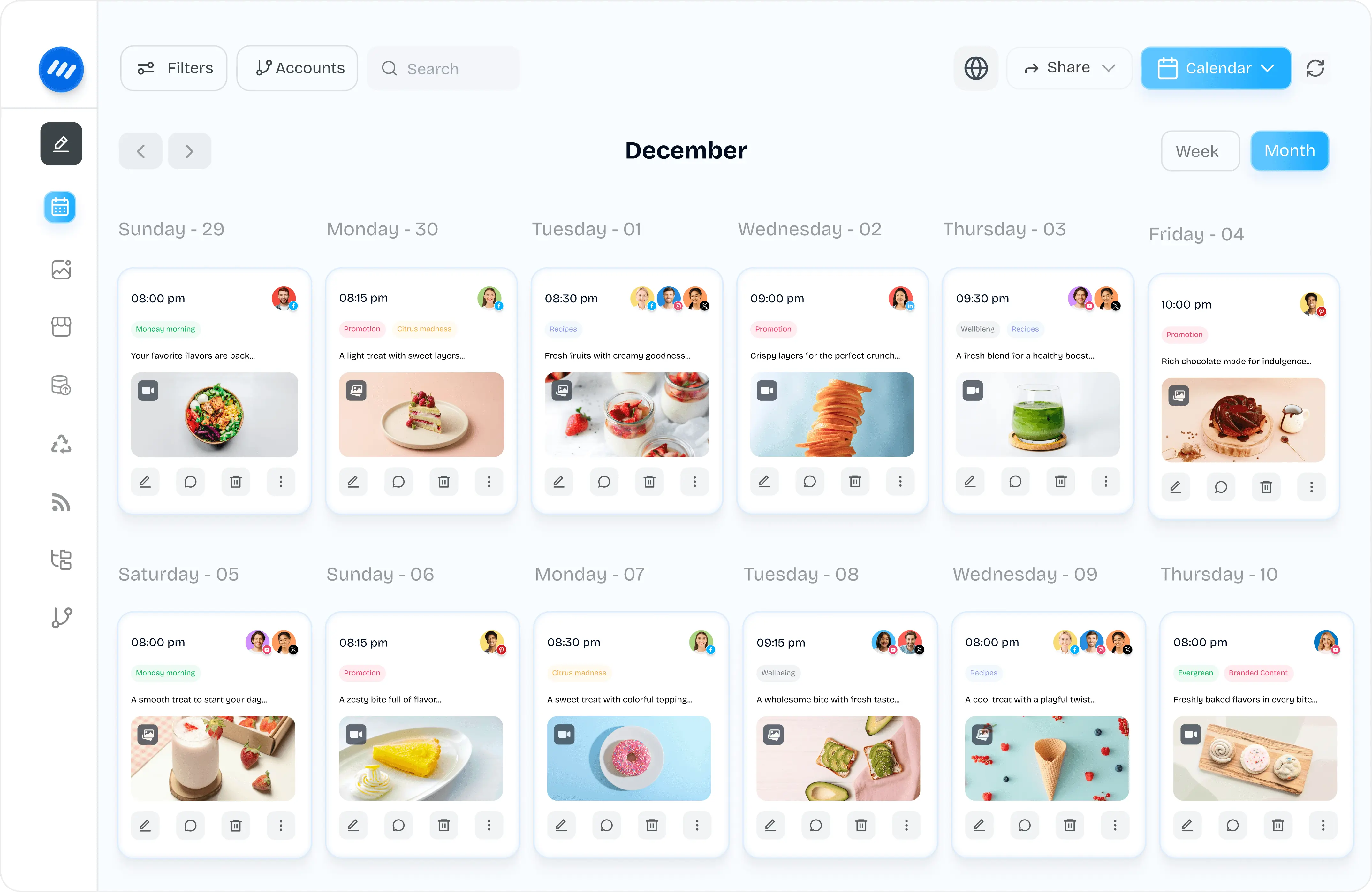 A social media content calendar dashboard showing scheduled posts by day